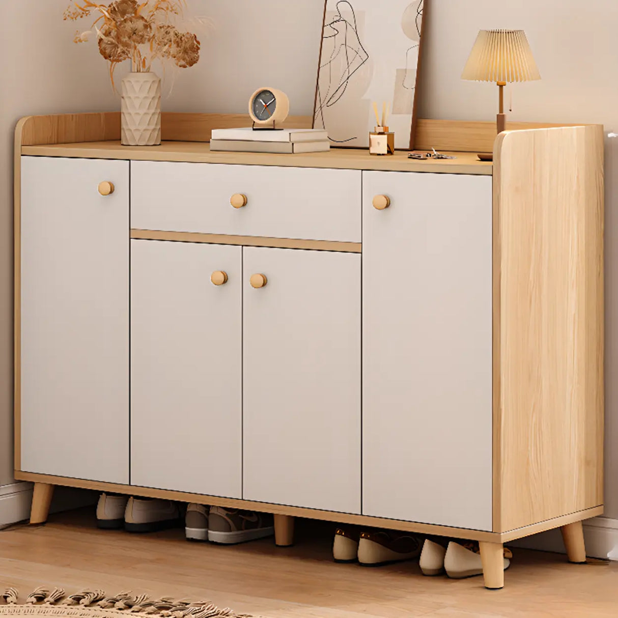 Closed Back Wood Entryway Beige Large Shoe Cabinet Image - 35