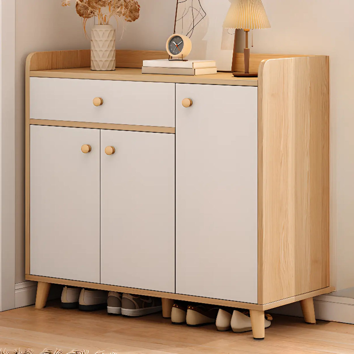 Closed Back Wood Entryway Beige Large Shoe Cabinet Image - 36