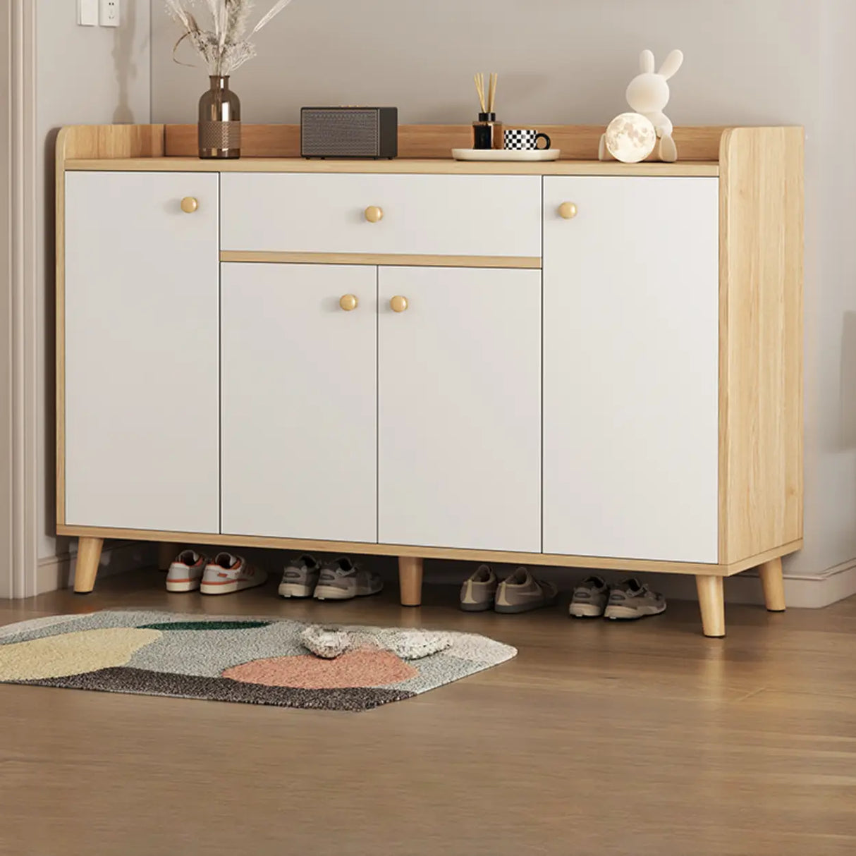 Closed Back Wood Entryway Beige Large Shoe Cabinet Image - 37