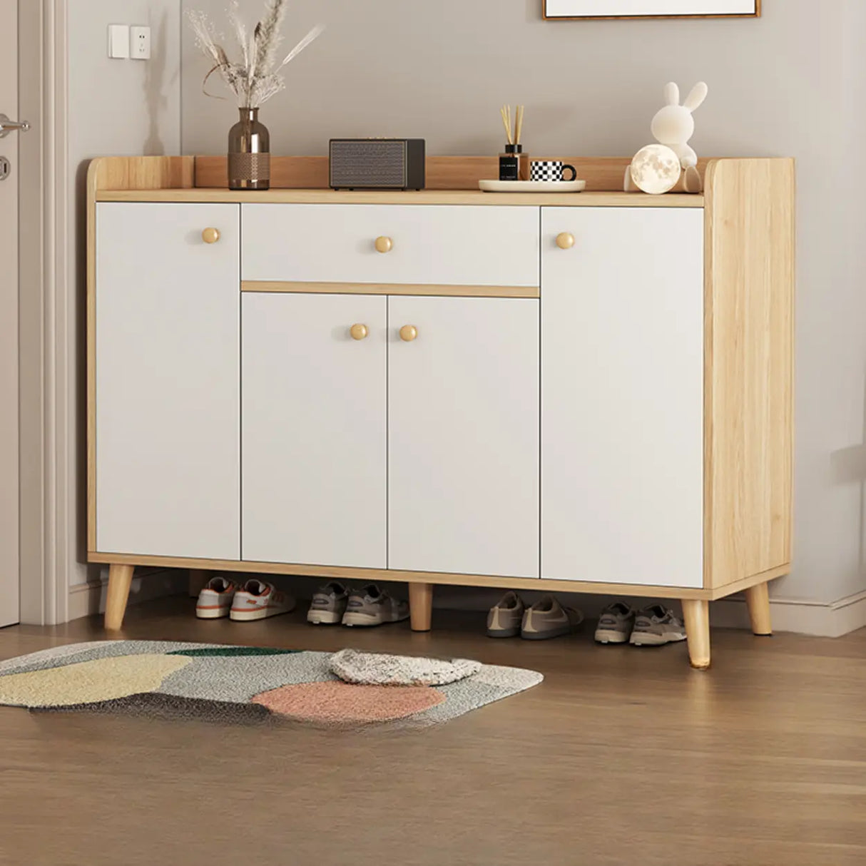 Closed Back Wood Entryway Beige Large Shoe Cabinet Image - 38