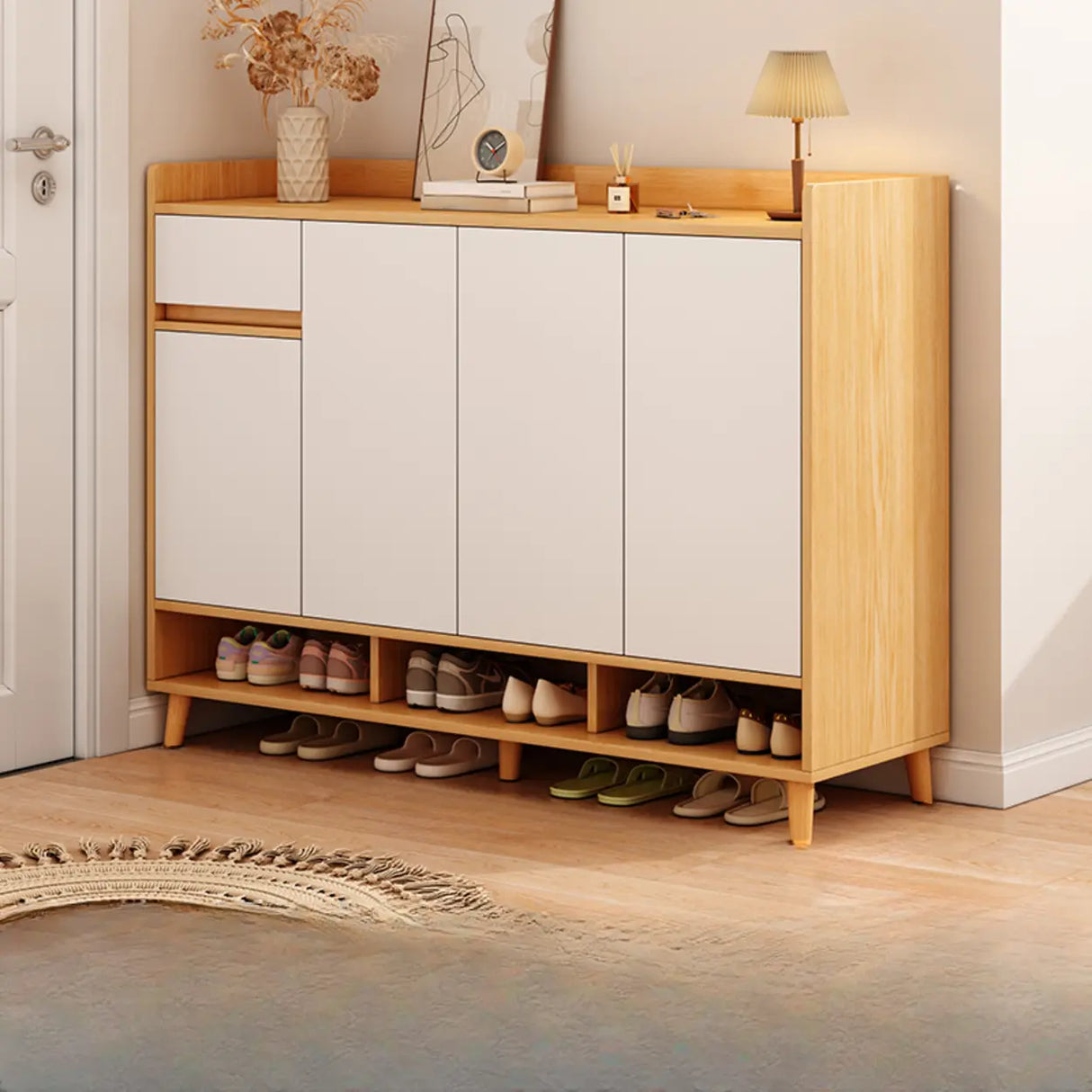 Closed Back Wood Entryway Beige Large Shoe Cabinet Image - 4