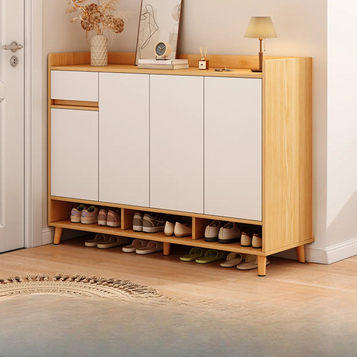 Closed Back Wood Entryway Beige Large Shoe Cabinet Image - 6