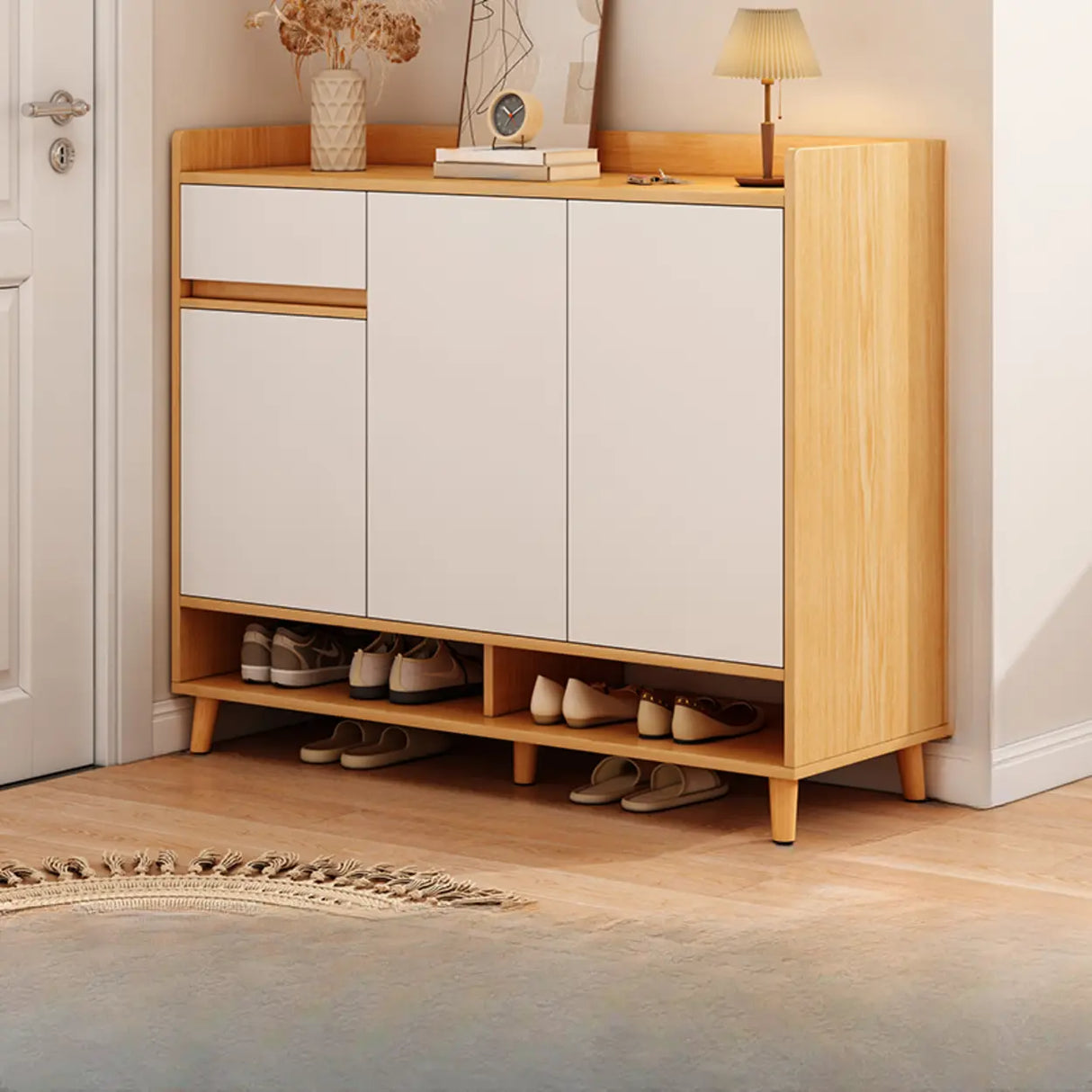 Closed Back Wood Entryway Beige Large Shoe Cabinet Image - 8