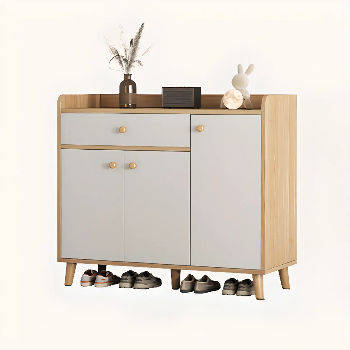 Closed Back Wood Entryway Beige Large Shoe Cabinet Image - 9