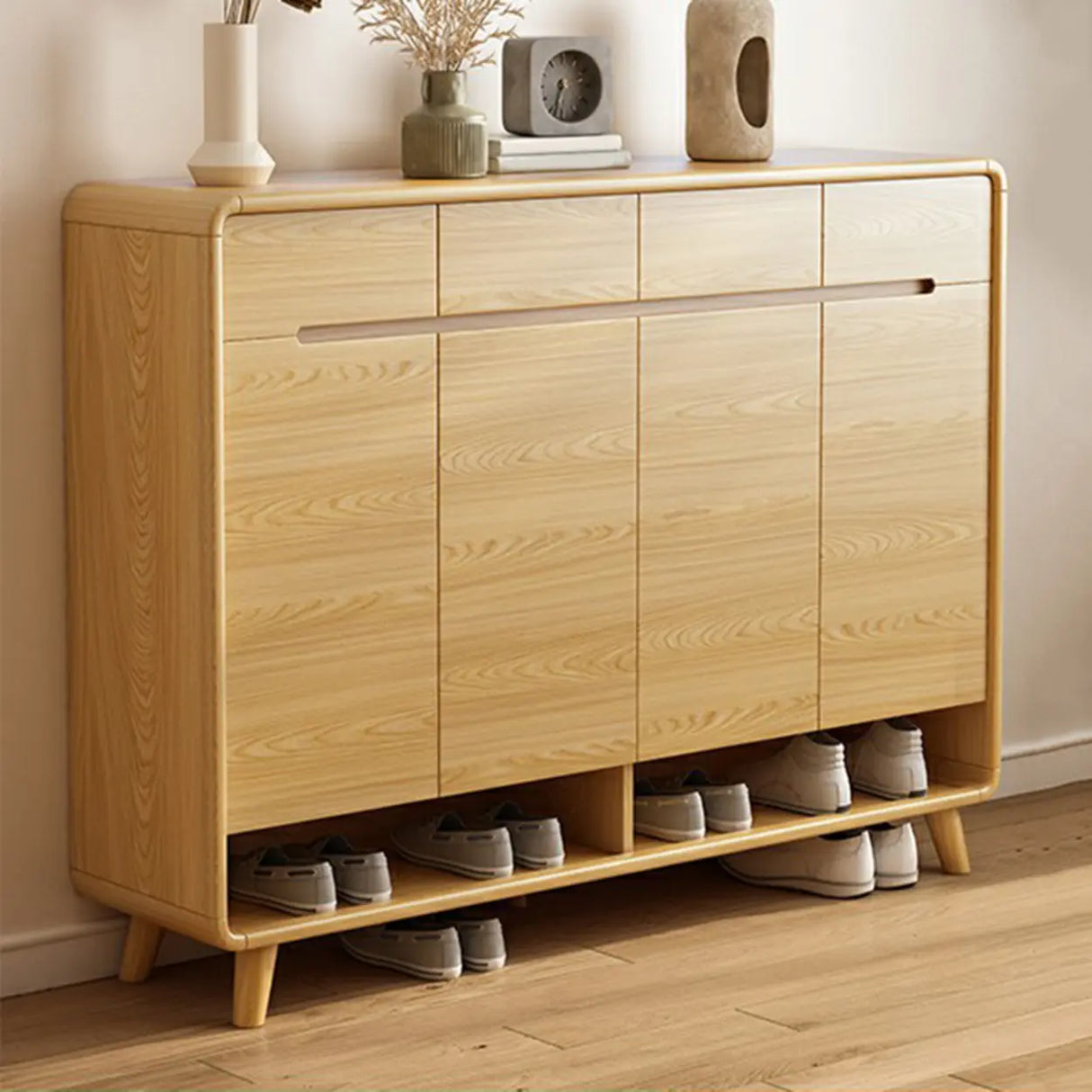 Closed Back Wood Hallway Oak Shoe Storage with Drawers Image - 14
