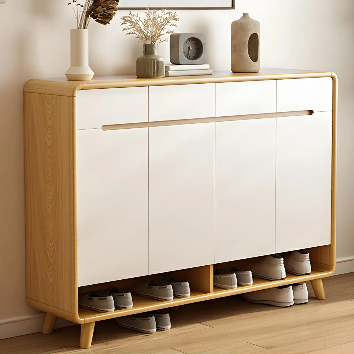 Closed Back Wood Hallway Oak Shoe Storage with Drawers Image - 16