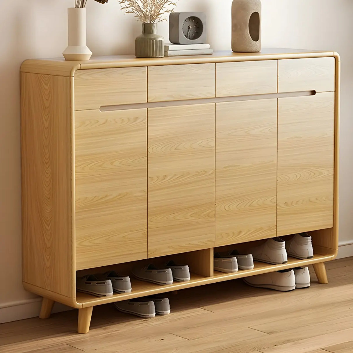 Closed Back Wood Hallway Oak Shoe Storage with Drawers Image - 17