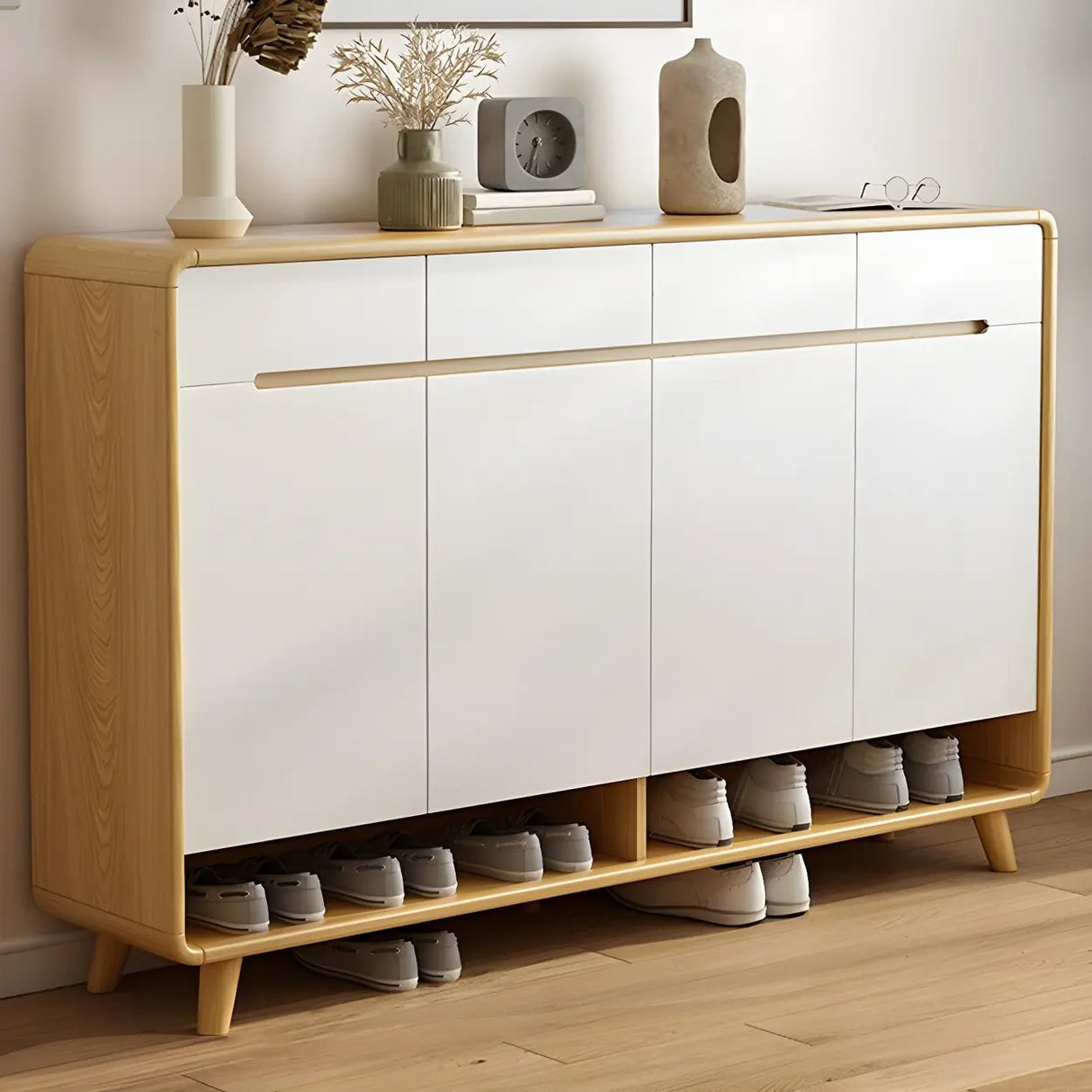 Closed Back Wood Hallway Oak Shoe Storage with Drawers Image - 18