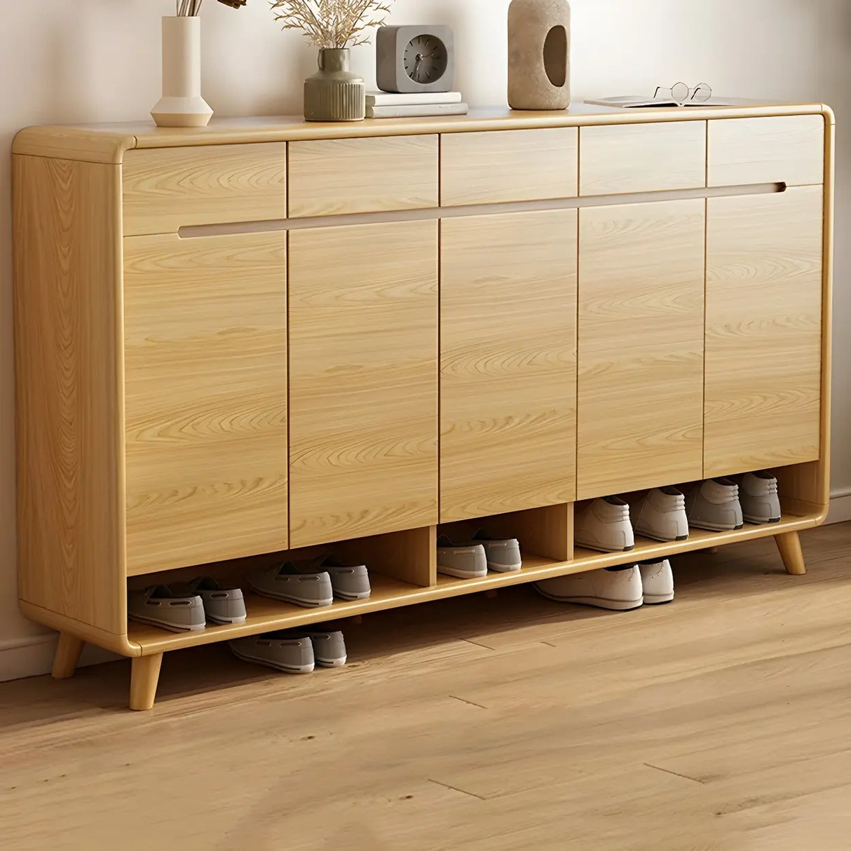 Closed Back Wood Hallway Oak Shoe Storage with Drawers Image - 19