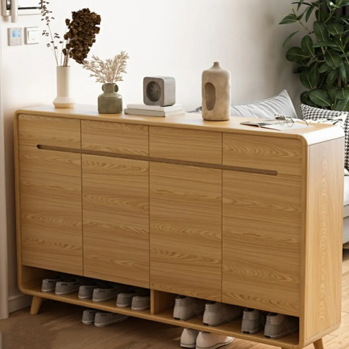 Closed Back Wood Hallway Oak Shoe Storage with Drawers Image - 1