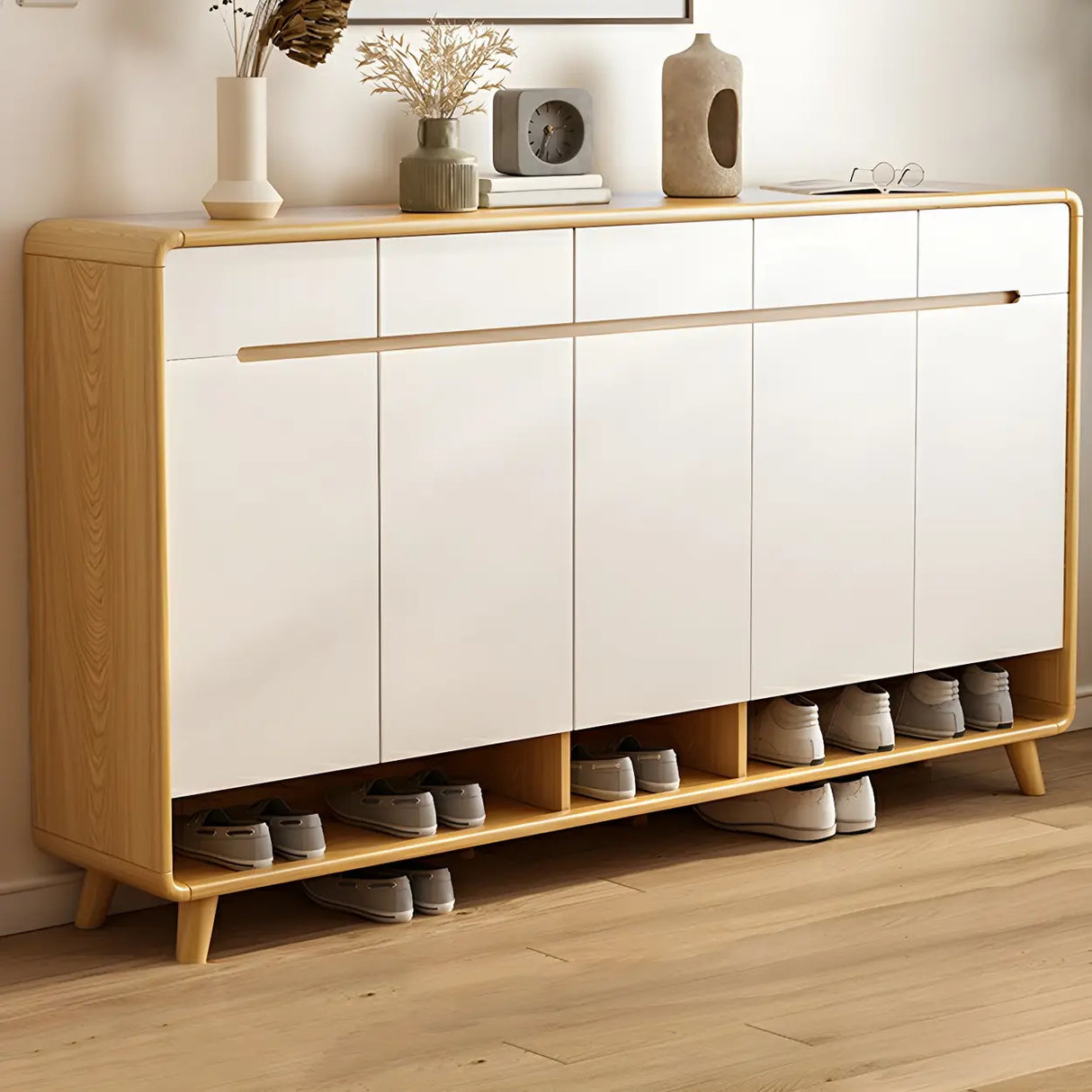 Closed Back Wood Hallway Oak Shoe Storage with Drawers Image - 20