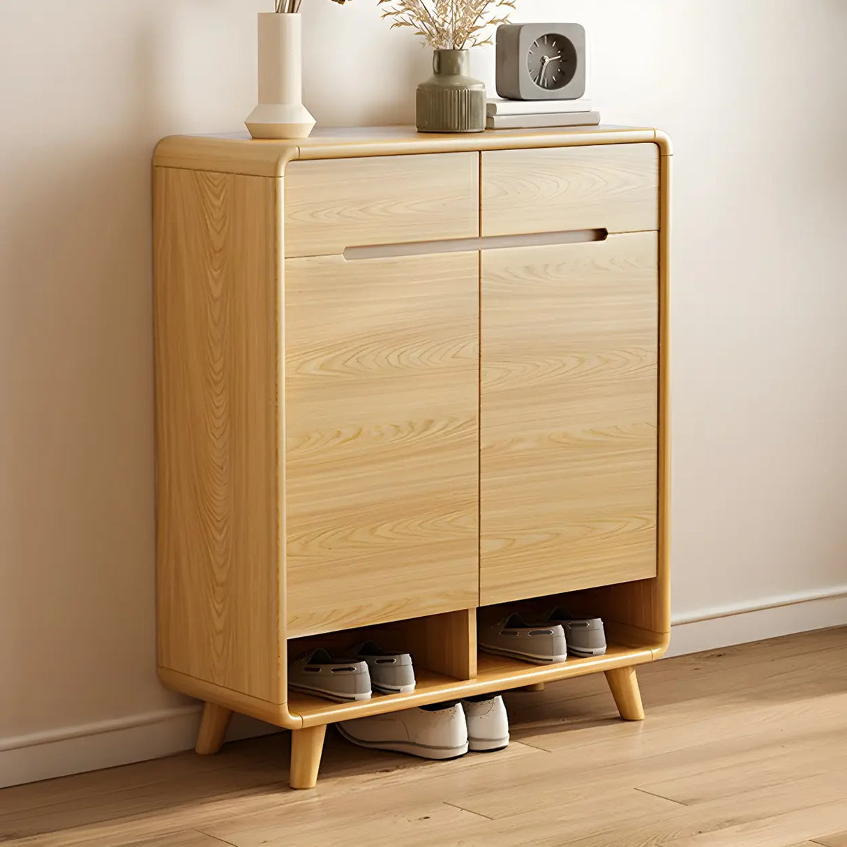 Closed Back Wood Hallway Oak Shoe Storage with Drawers Image - 2