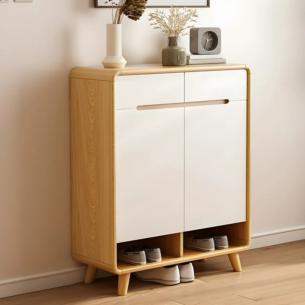 Closed Back Wood Hallway Oak Shoe Storage with Drawers Image - 3