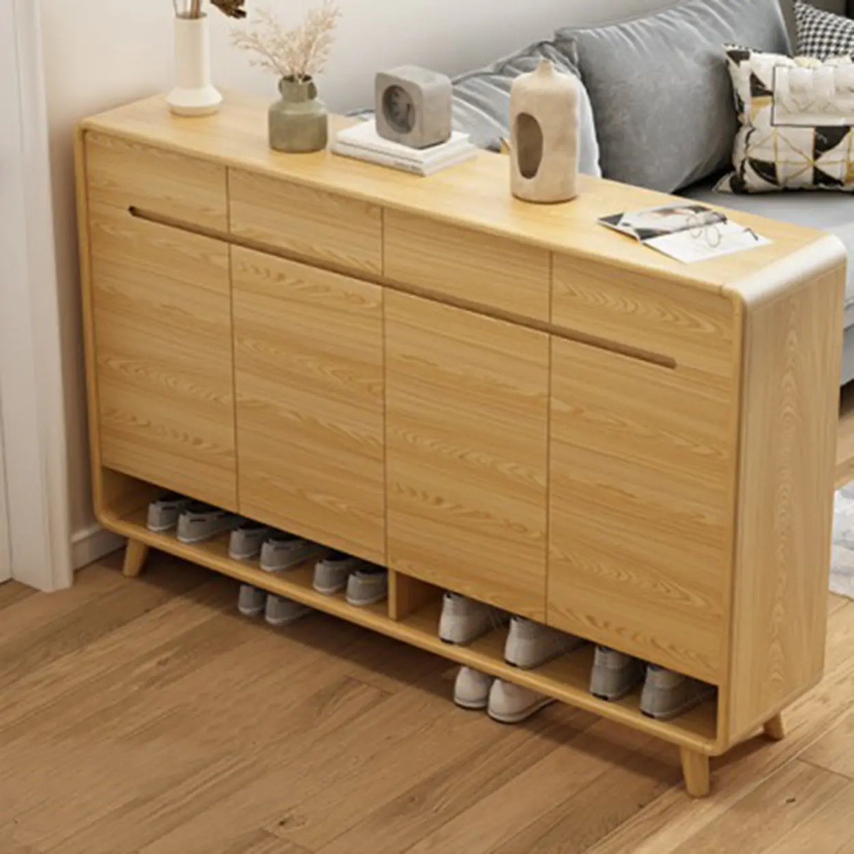Closed Back Wood Hallway Oak Shoe Storage with Drawers Image - 4