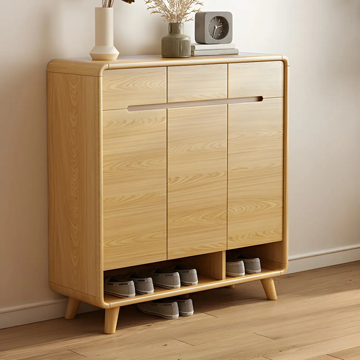 Closed Back Wood Hallway Oak Shoe Storage with Drawers Image - 6