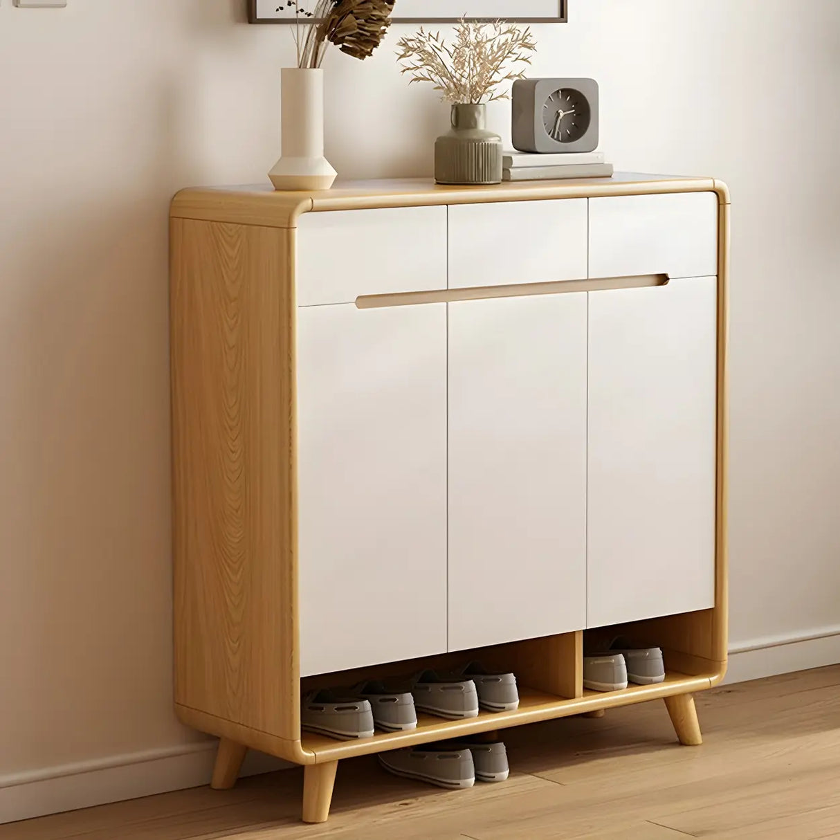 Closed Back Wood Hallway Oak Shoe Storage with Drawers Image - 7