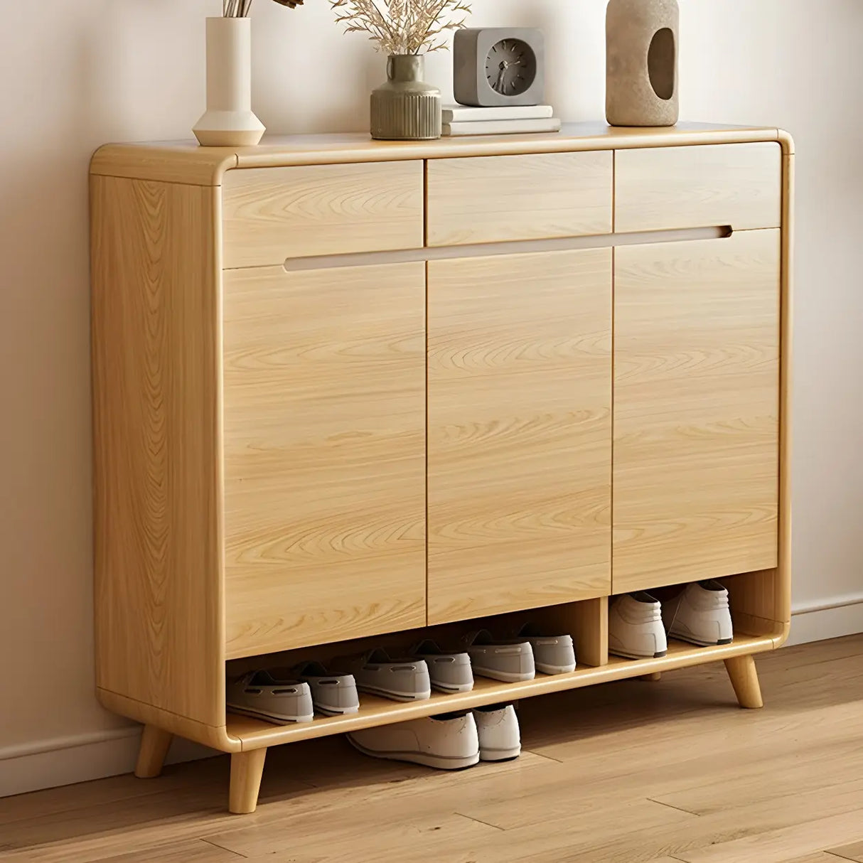 Closed Back Wood Hallway Oak Shoe Storage with Drawers Image - 9