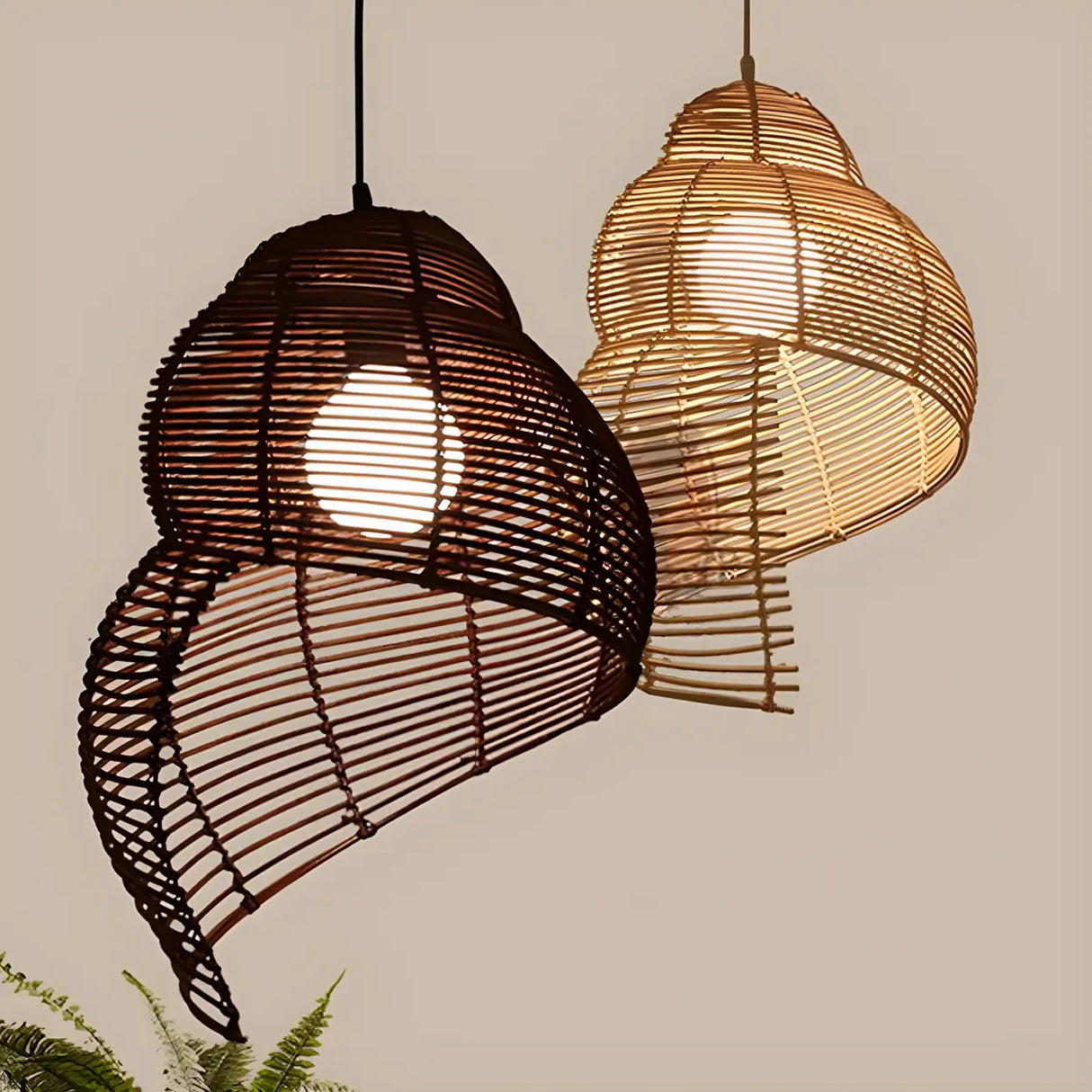 Coastal Beige Coffee Rattan Spiral Shell Pendant Light Image - 1