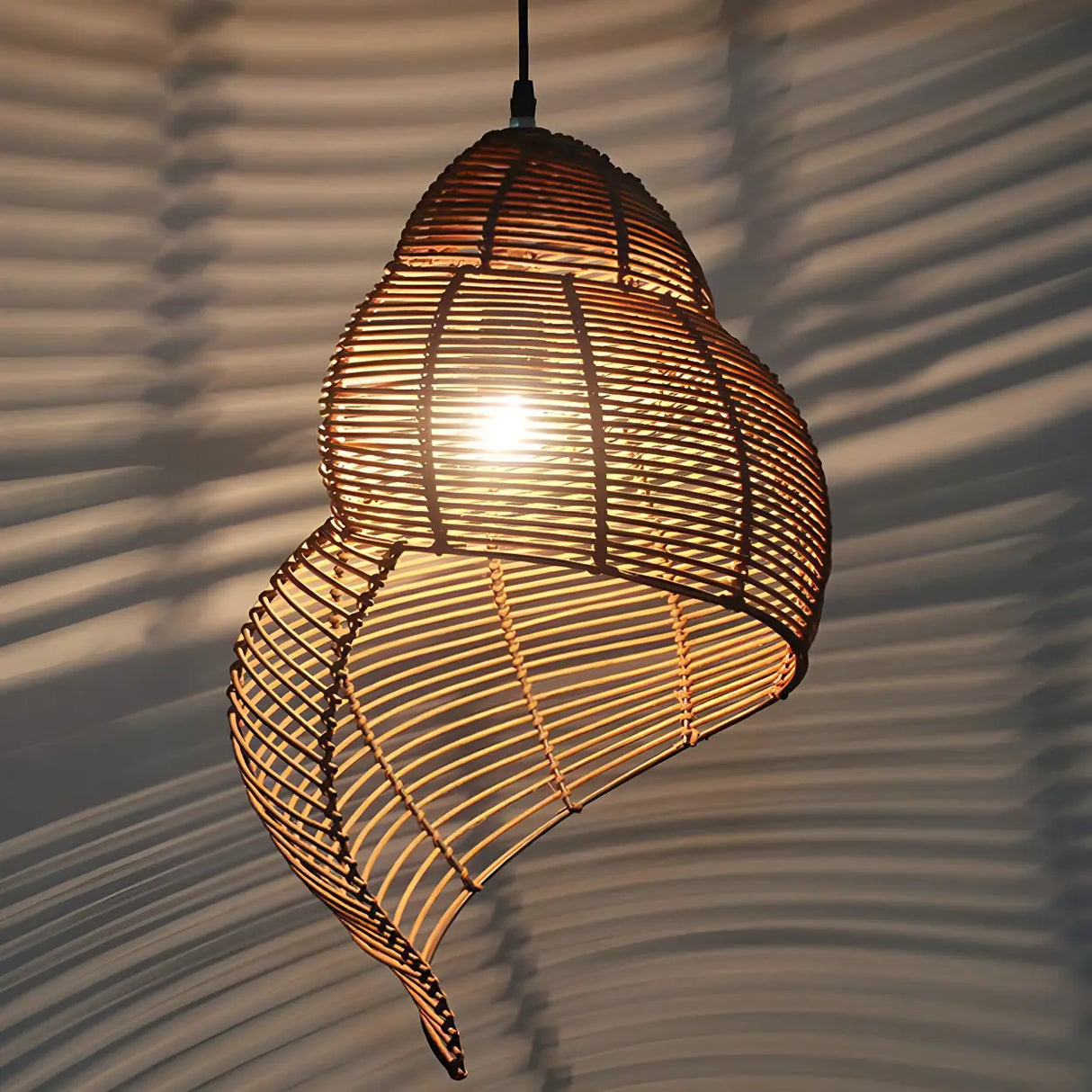 Coastal Beige Coffee Rattan Spiral Shell Pendant Light Image - 3