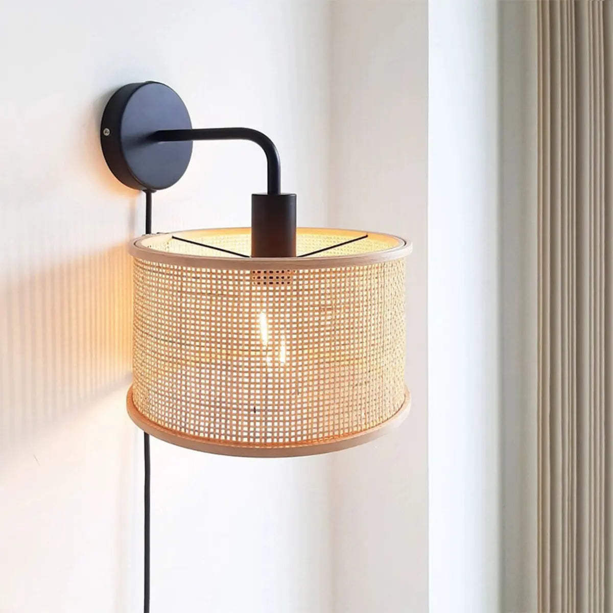 Coastal Cylinder Rattan Bedroom Downlight Black Wall Sconce Image - 1