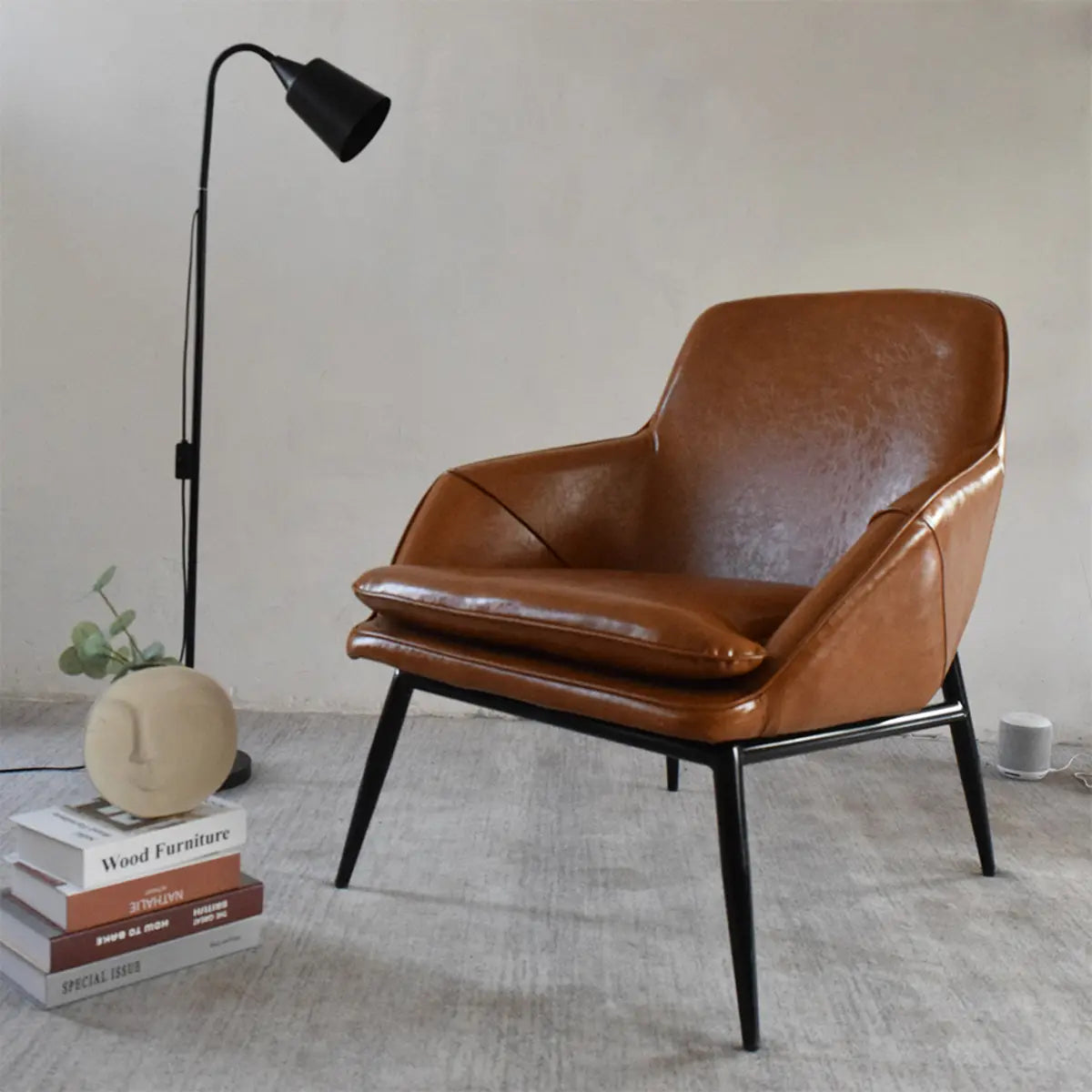 Coffee Leather Sloped Arms Fixed Back Arm Chair Image - 1