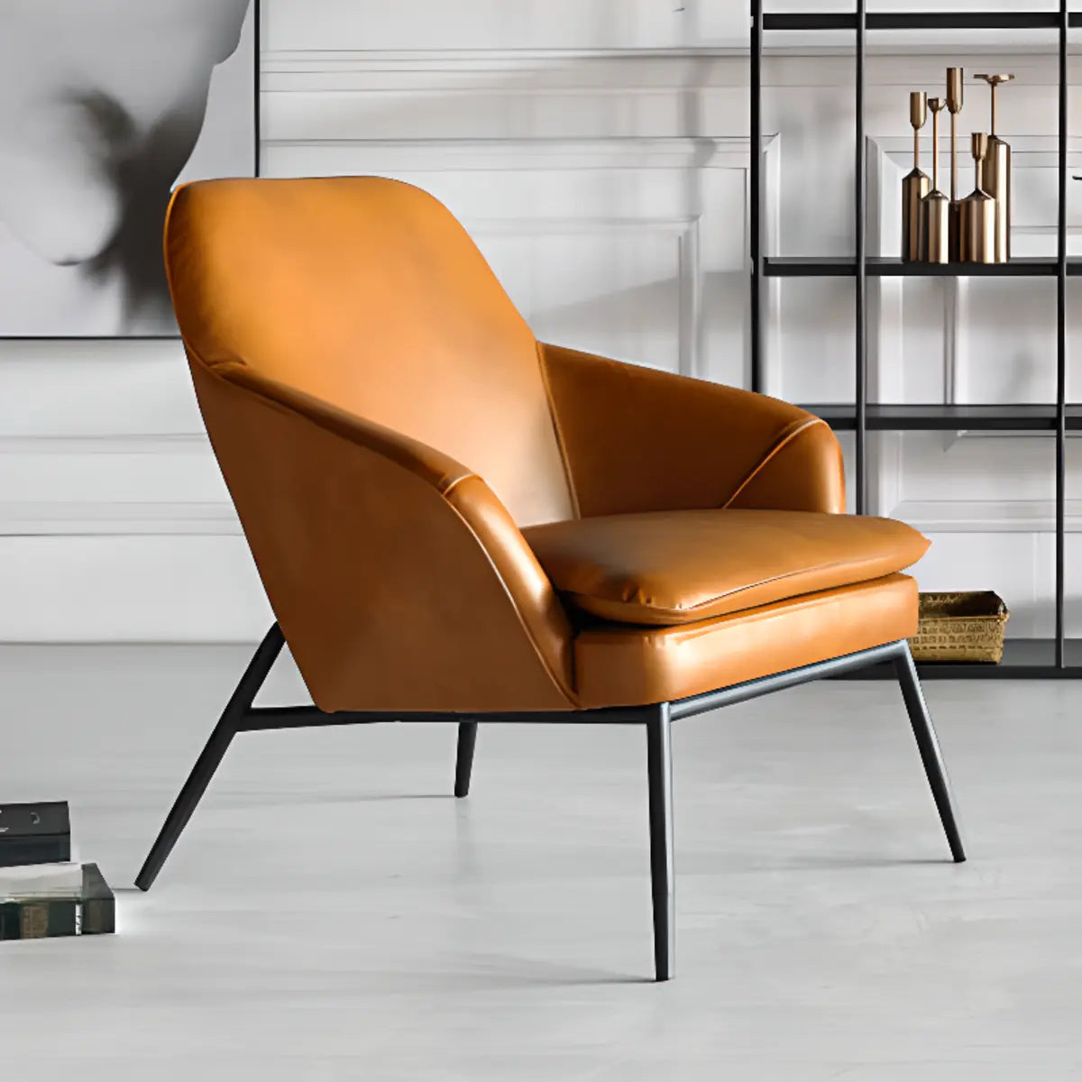 Coffee Leather Sloped Arms Fixed Back Arm Chair Image - 11