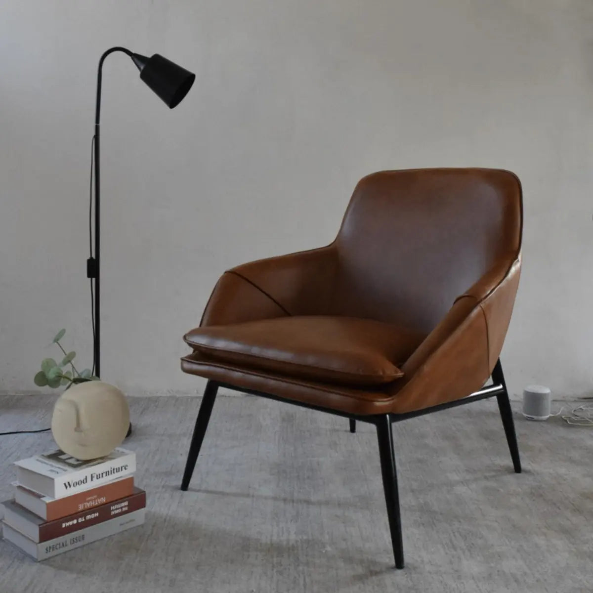 Coffee Leather Sloped Arms Fixed Back Arm Chair Image - 3