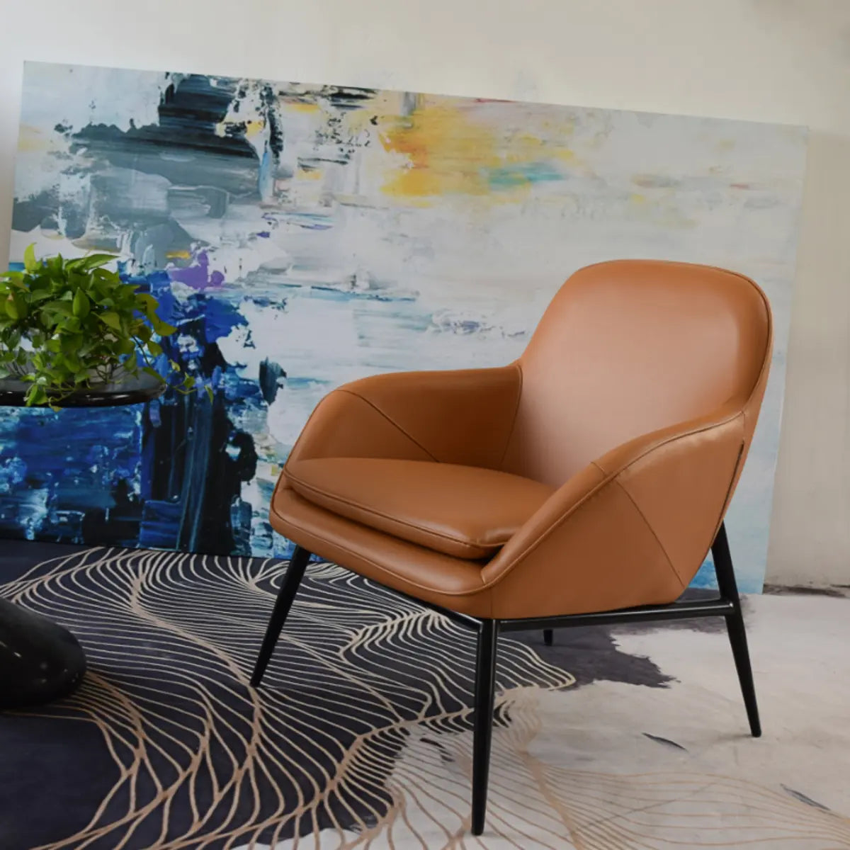 Coffee Leather Sloped Arms Fixed Back Arm Chair Image - 9