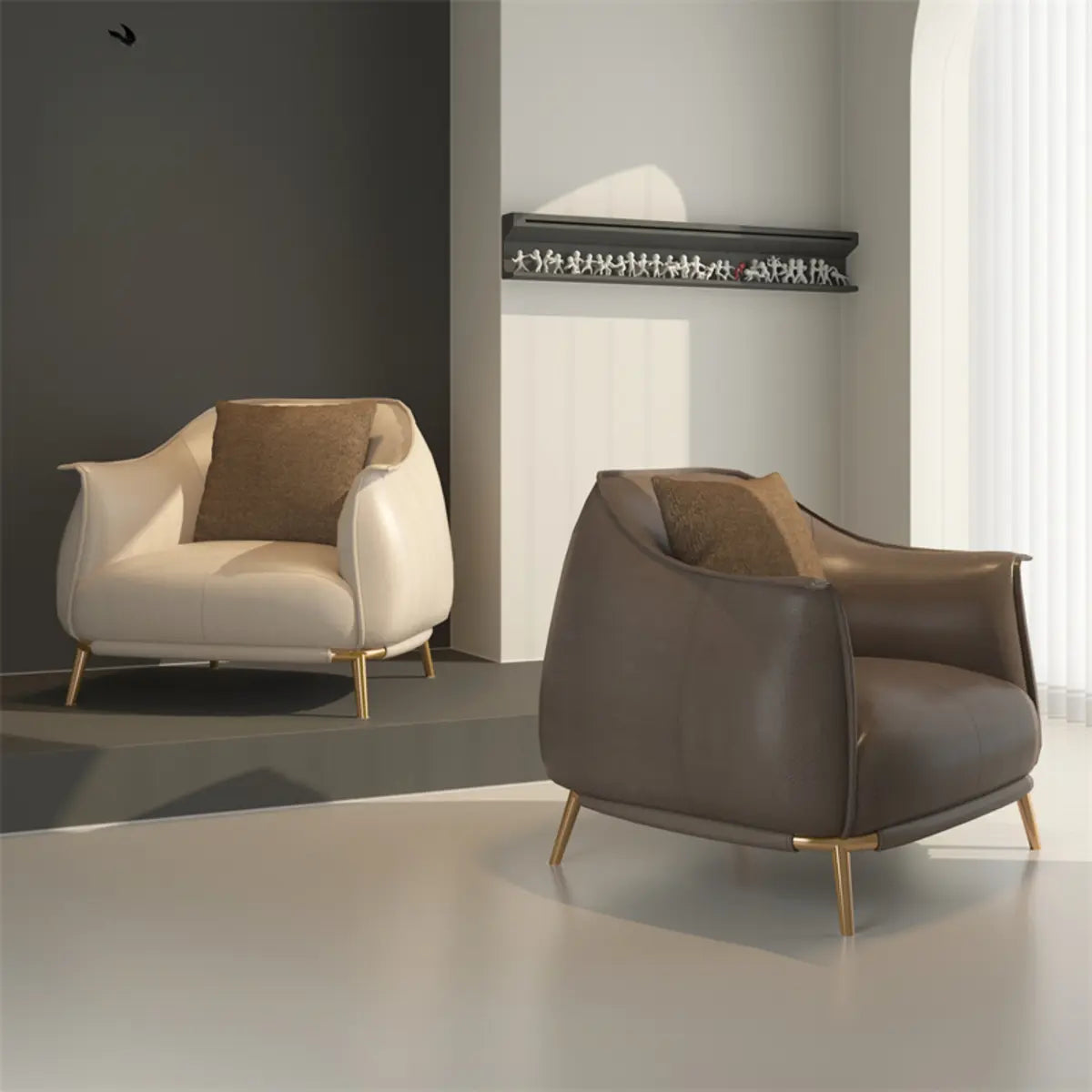 Coffee Microfiber Leather Pillow Back Arm Chair Image - 4