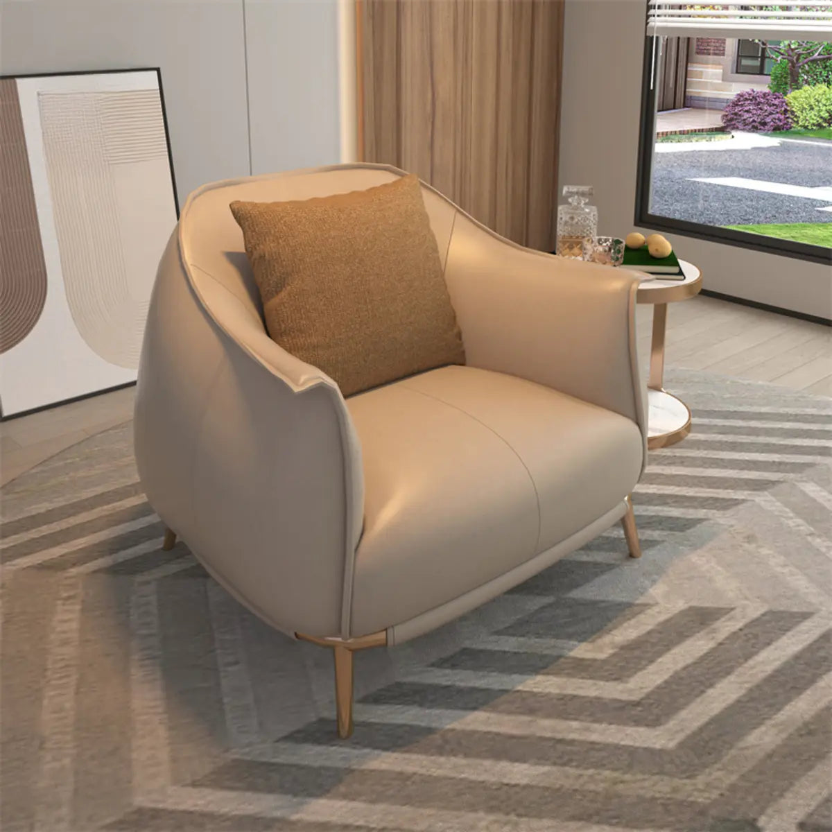 Coffee Microfiber Leather Pillow Back Arm Chair Image - 5