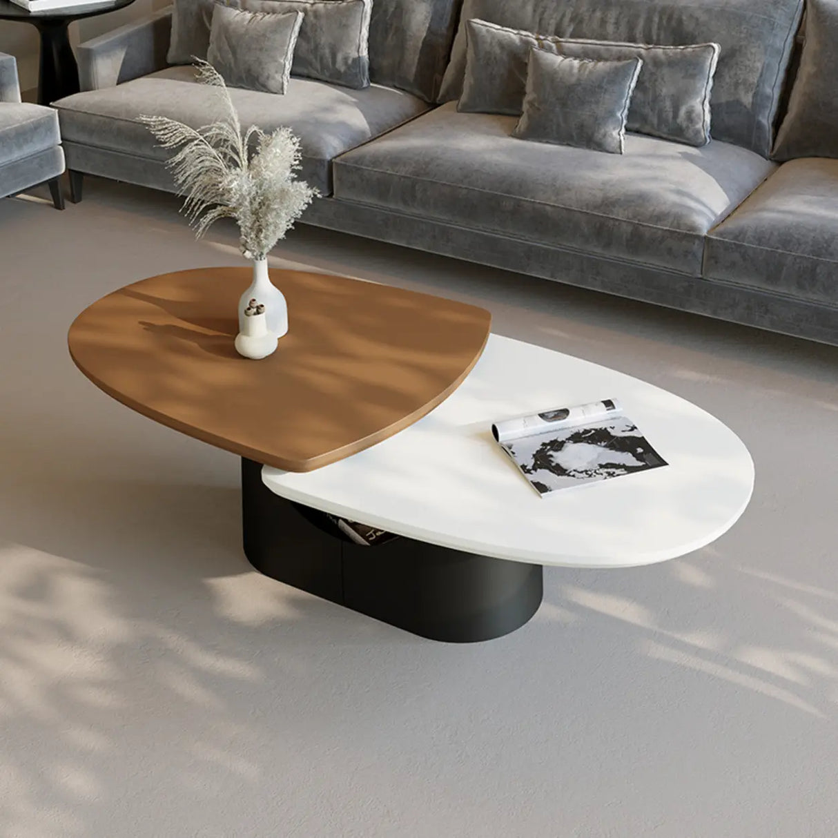 Coffee White Oval Wood Iron Coffee Table with Storage Image - 1