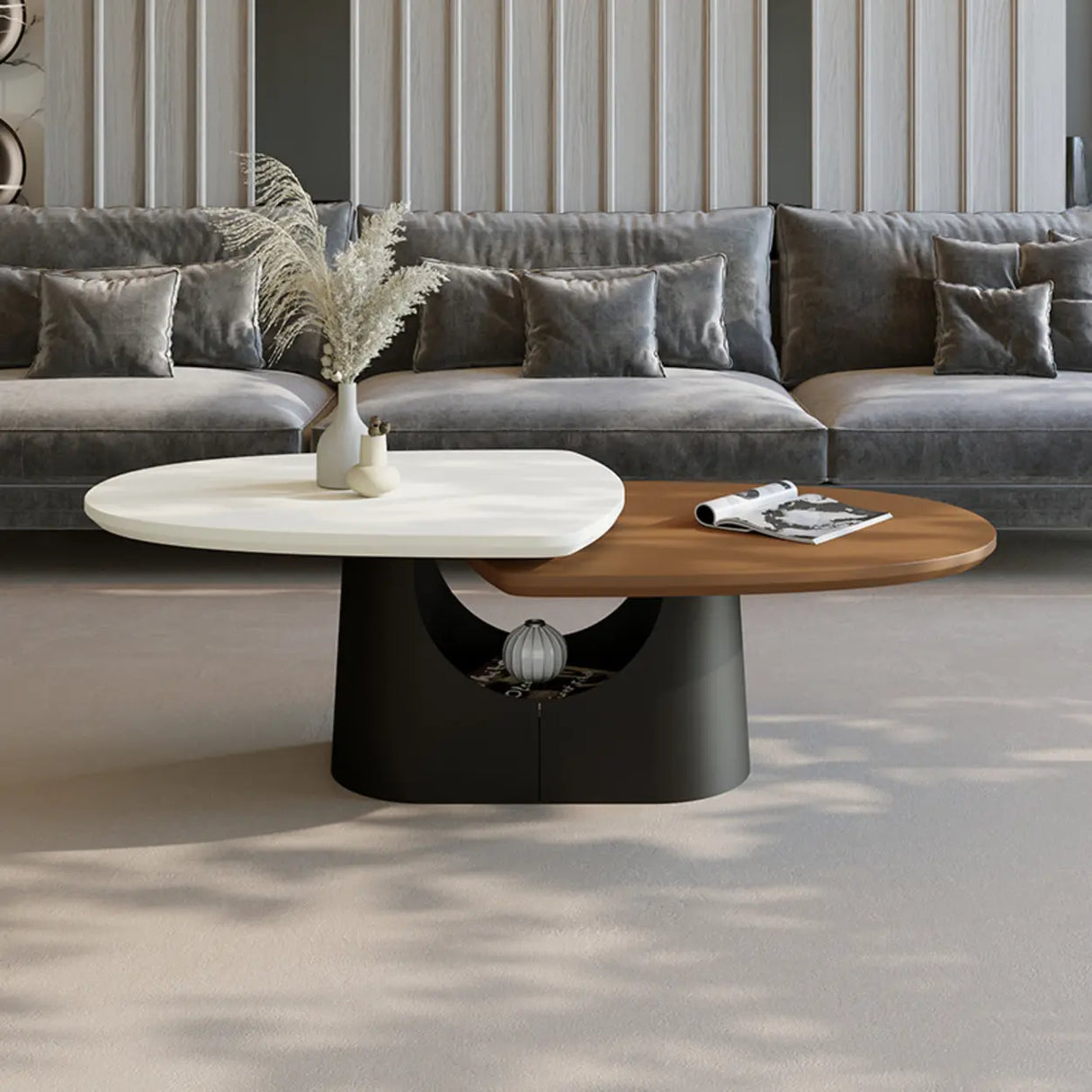 Coffee White Oval Wood Iron Coffee Table with Storage Image - 4