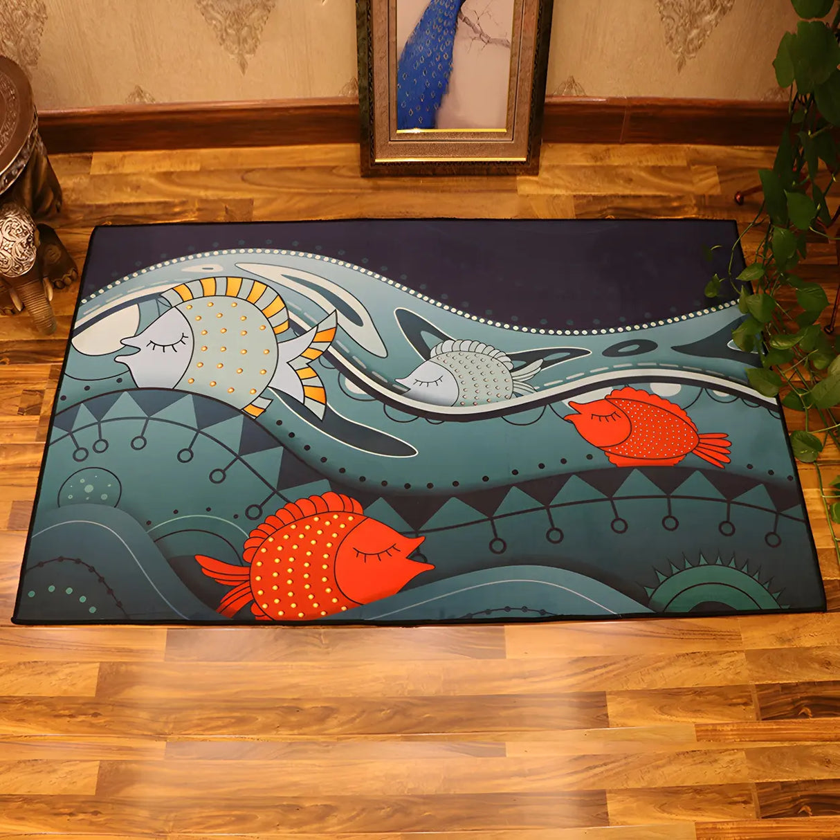 Colorful Fish Pattern Polyester Rectangular Area Rug Image - 2