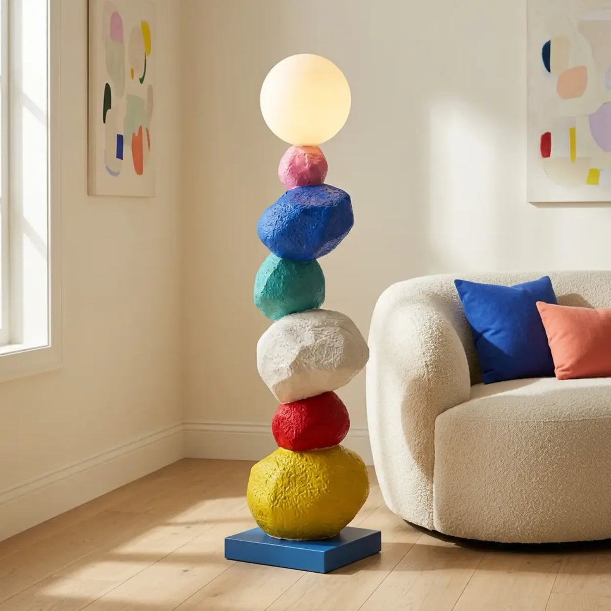 Colorful Sculptural Pebble Floor Lamp with Globe LED Light Image - 2