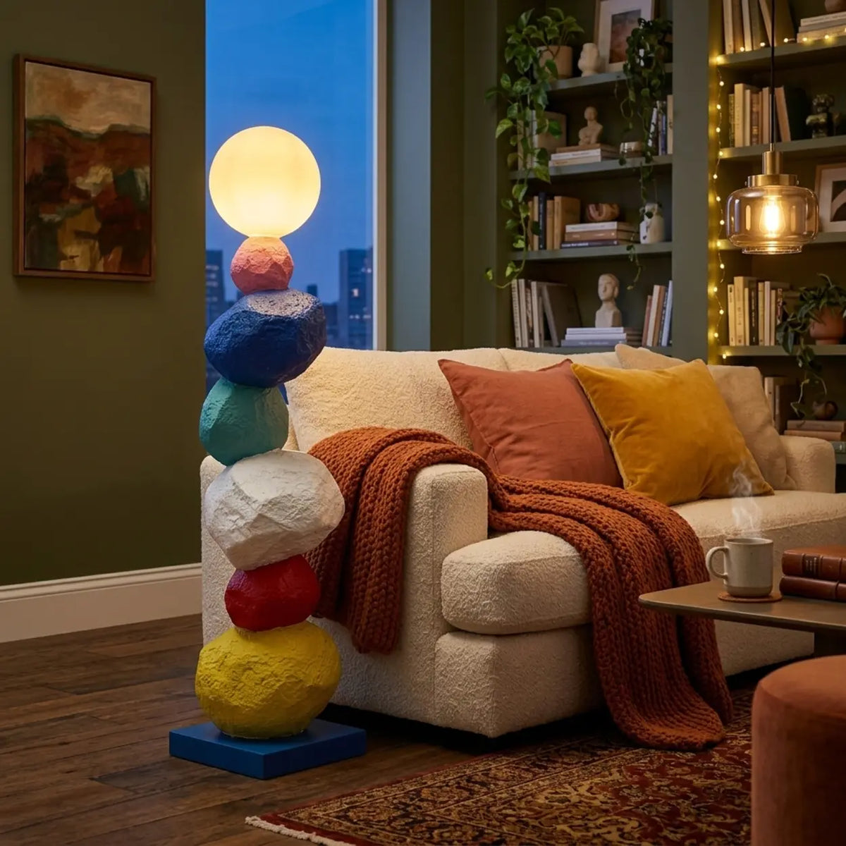 Colorful Sculptural Pebble Floor Lamp with Globe LED Light Image - 3