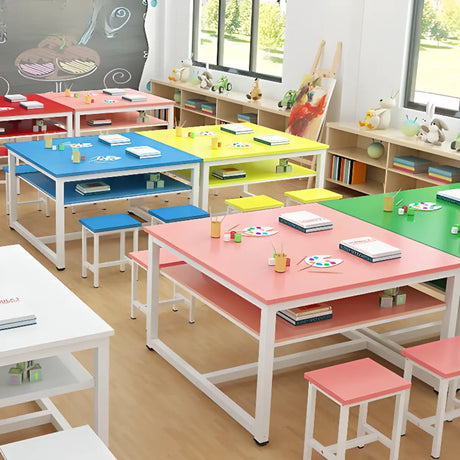 Colorful Waterproof Solid Wood Kids Desk with Shelf Image - 1