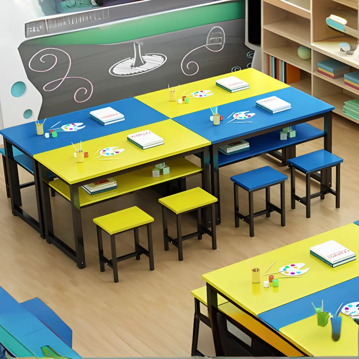 Colorful Waterproof Solid Wood Kids Desk with Shelf Image - 11