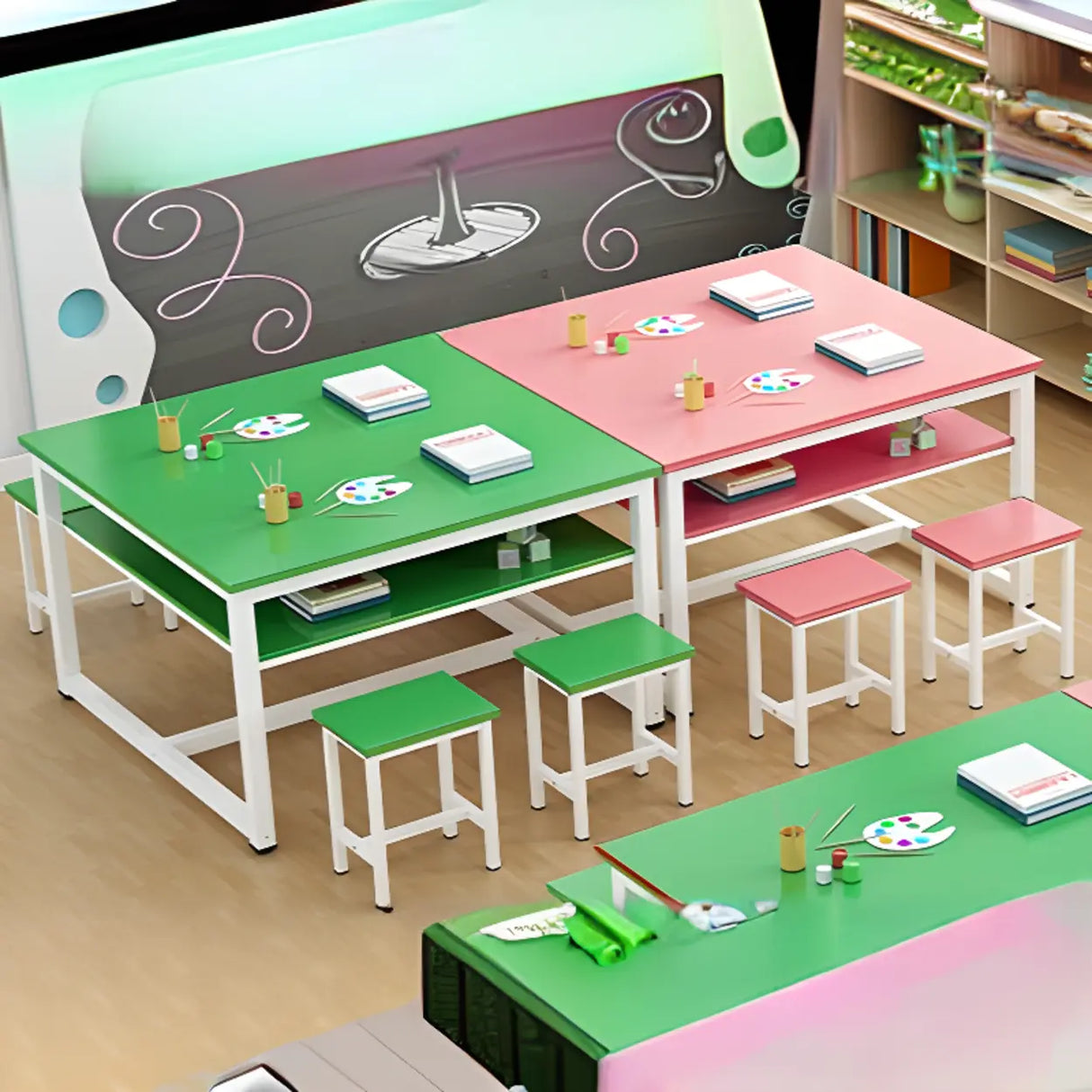 Colorful Waterproof Solid Wood Kids Desk with Shelf Image - 12