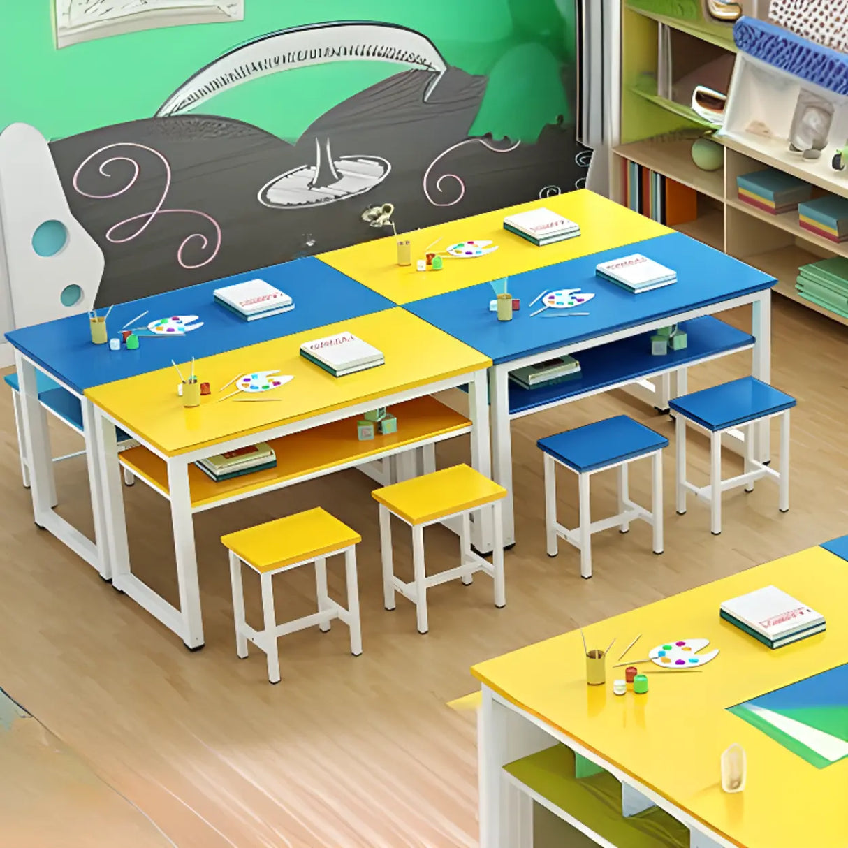 Colorful Waterproof Solid Wood Kids Desk with Shelf Image - 13