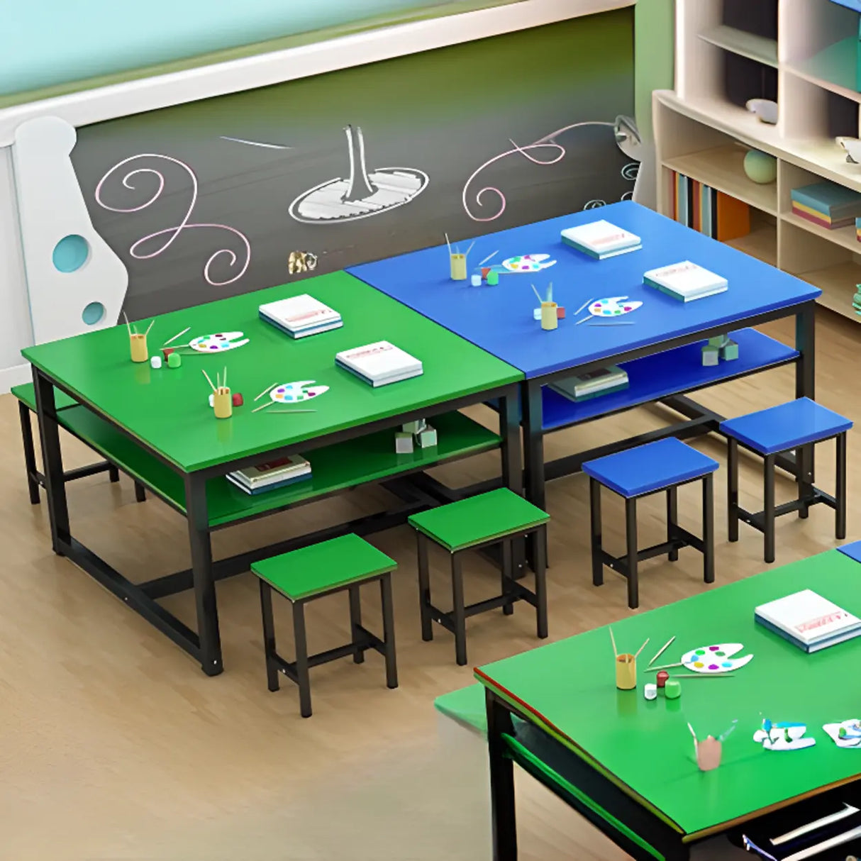 Colorful Waterproof Solid Wood Kids Desk with Shelf Image - 14