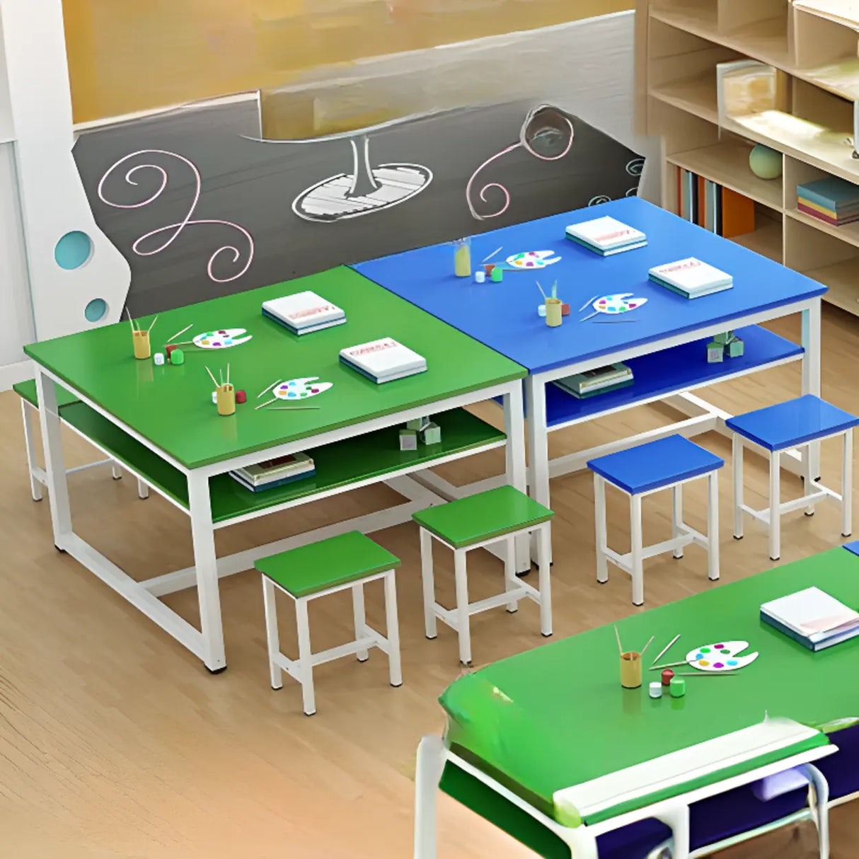 Colorful Waterproof Solid Wood Kids Desk with Shelf Image - 15