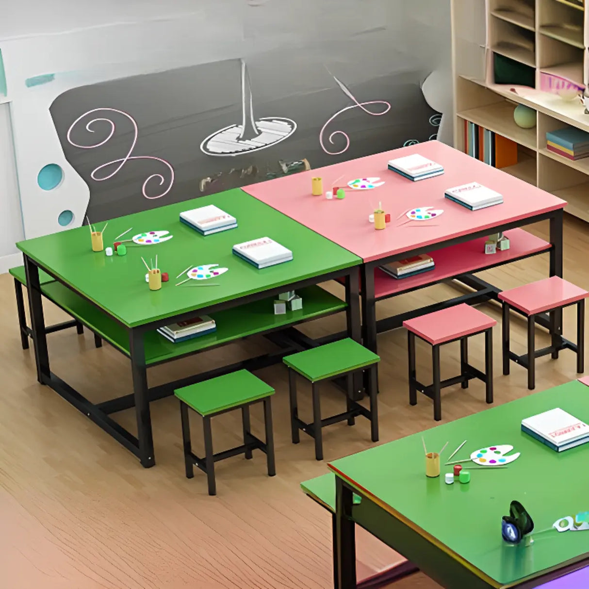 Colorful Waterproof Solid Wood Kids Desk with Shelf Image - 16