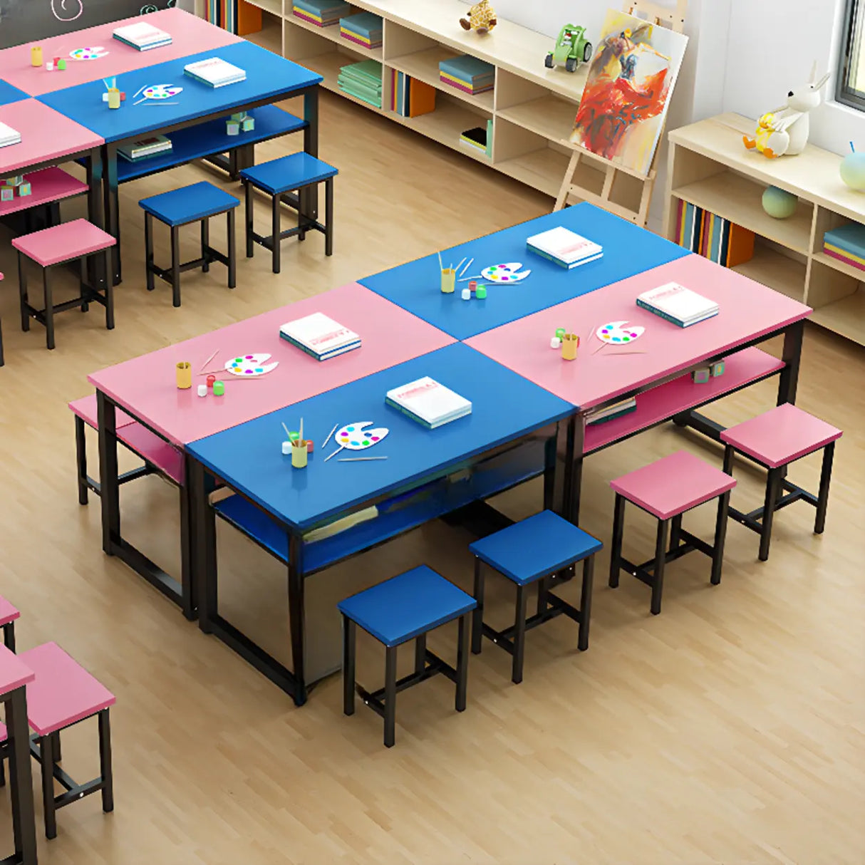 Colorful Waterproof Solid Wood Kids Desk with Shelf Image - 5