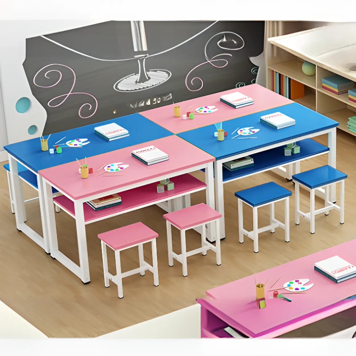 Colorful Waterproof Solid Wood Kids Desk with Shelf Image - 9