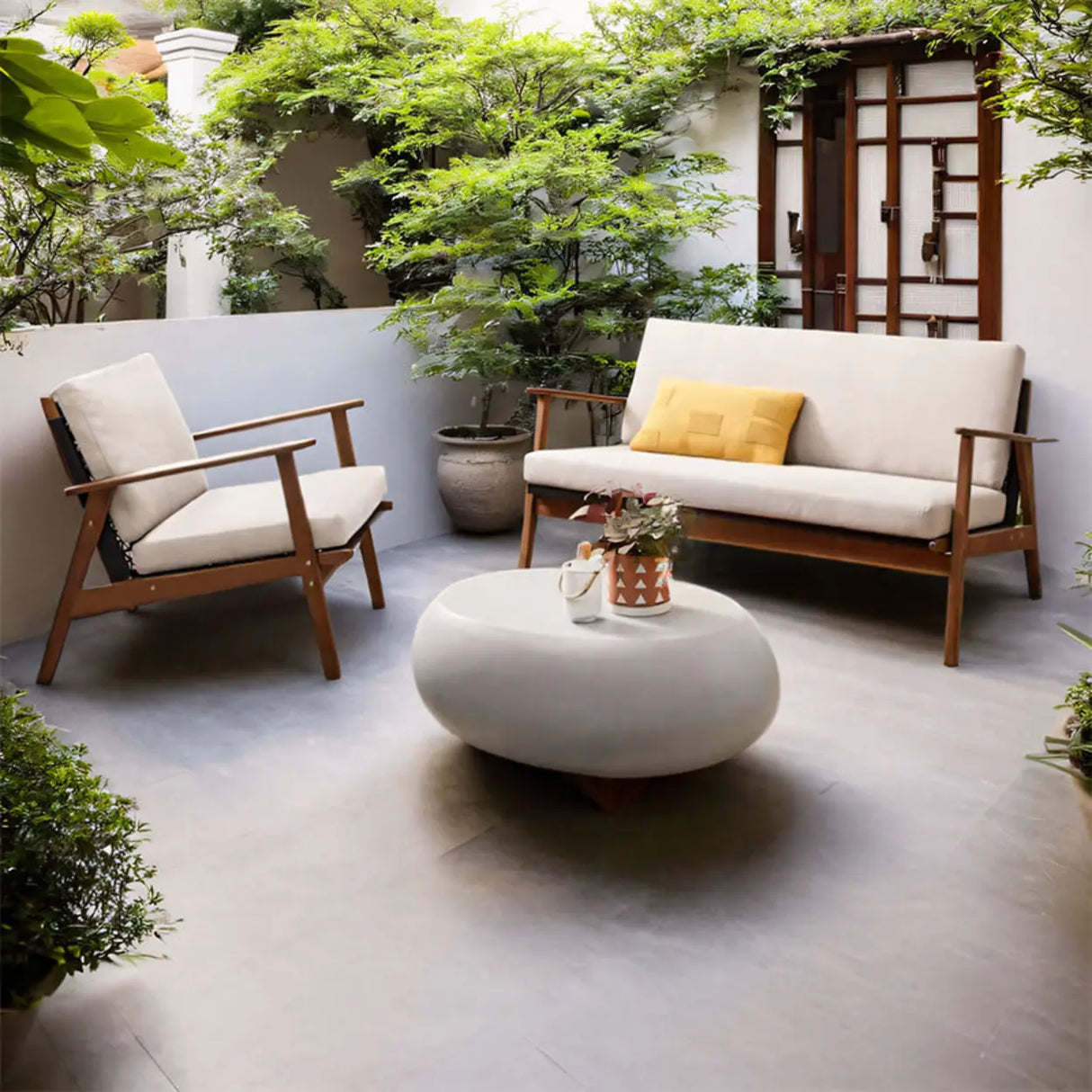 Comfortable Teak Beige Cushions and Pillow Patio Sofa Set Image - 1