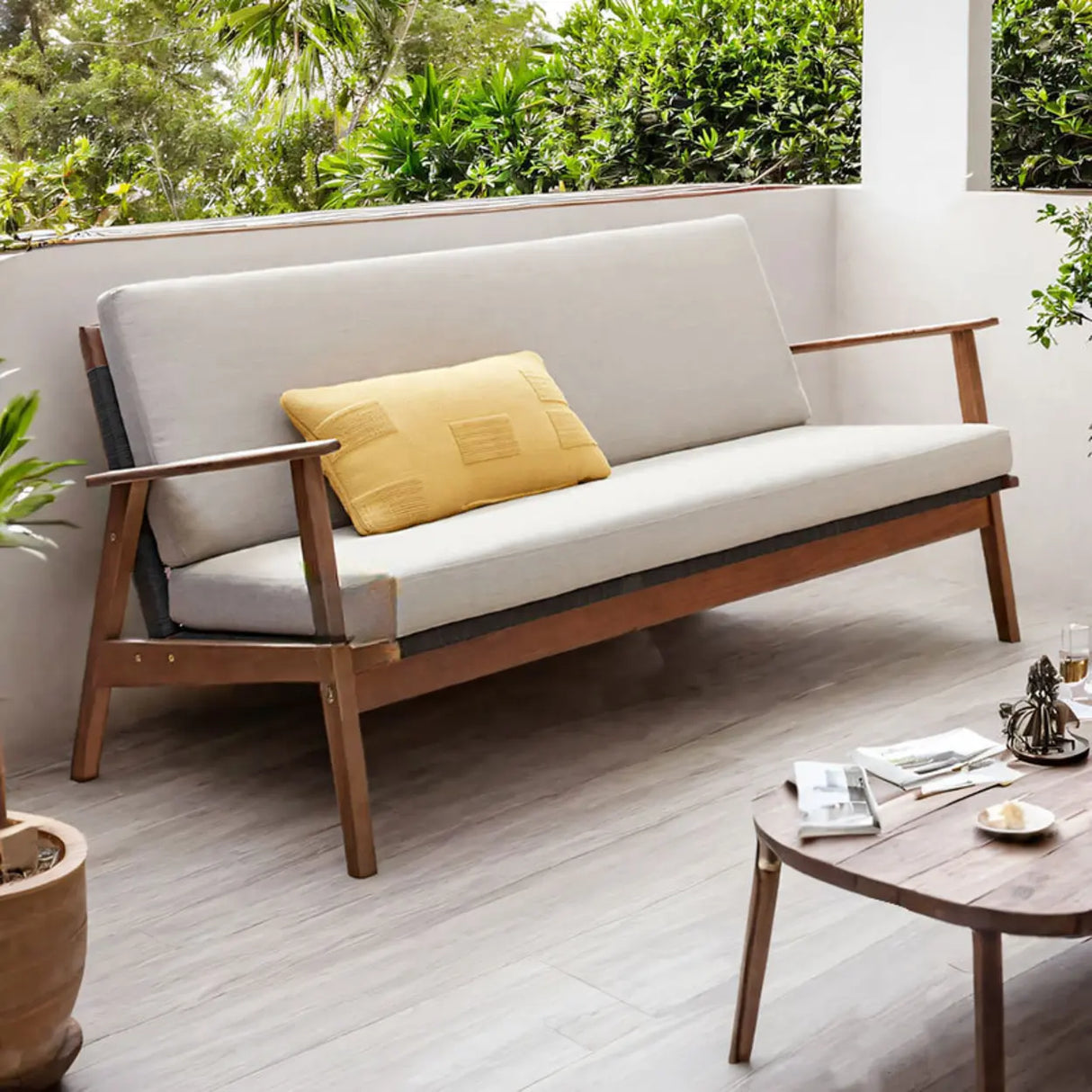 Comfortable Teak Beige Cushions and Pillow Patio Sofa Set Image - 4