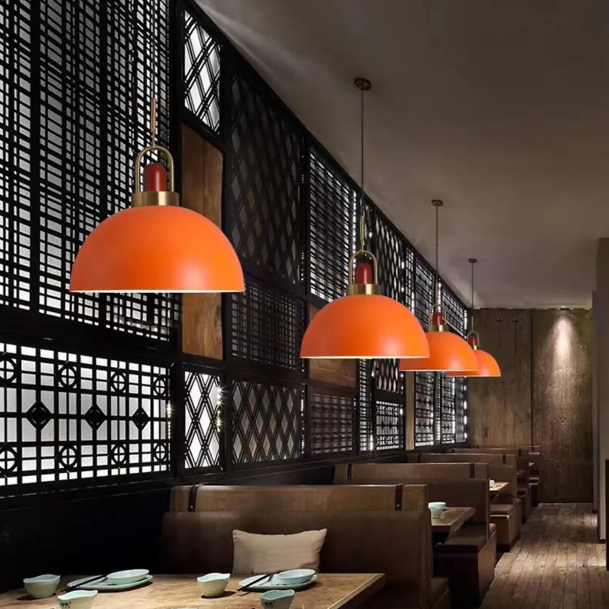 Commercial Industrial Orange Dome Metal Pendant Light Image - 2