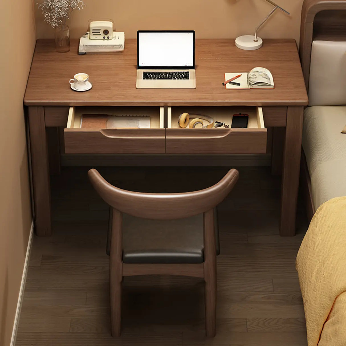 Compact Brown Wood Butcher Block Drawers Writing Desk Image - 4