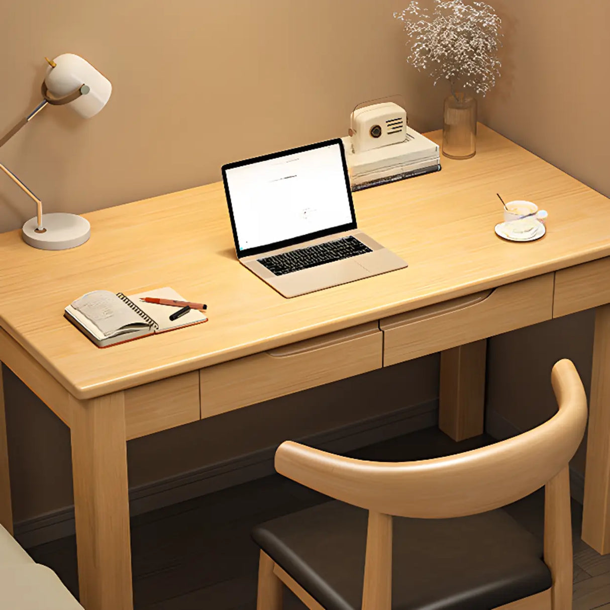 Compact Brown Wood Butcher Block Drawers Writing Desk Image - 7