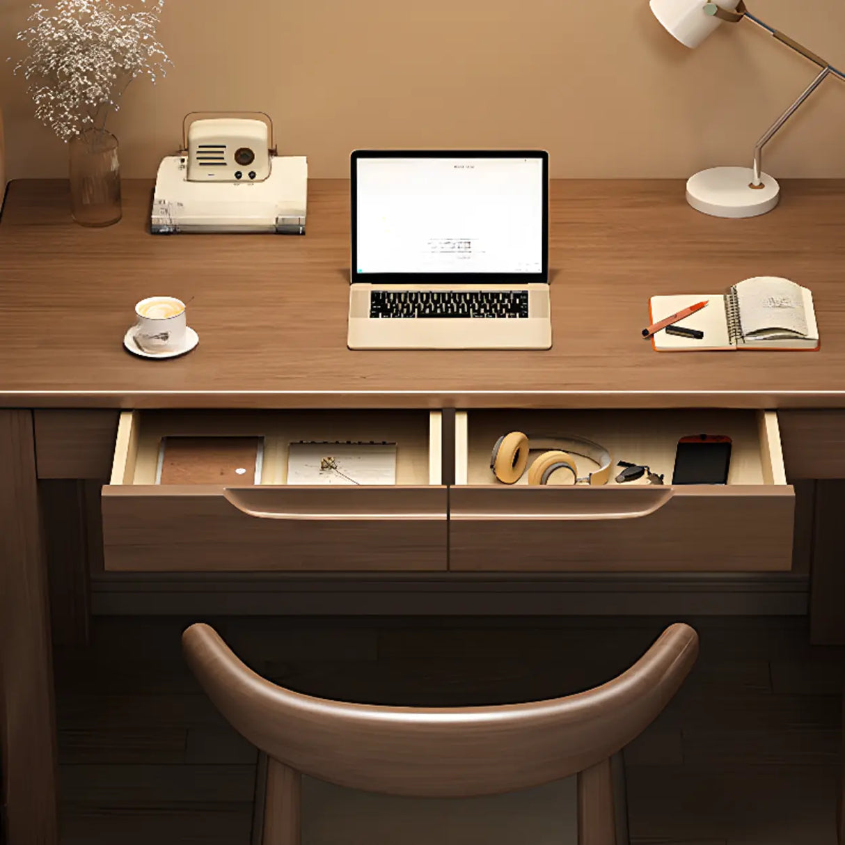 Compact Brown Wood Butcher Block Drawers Writing Desk Image - 8